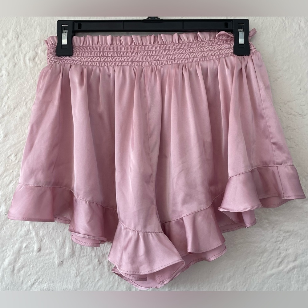 Birdy Grey Women's Esther Satiny Pink Ruffled Short Sleeve Pajama Shorts ; M